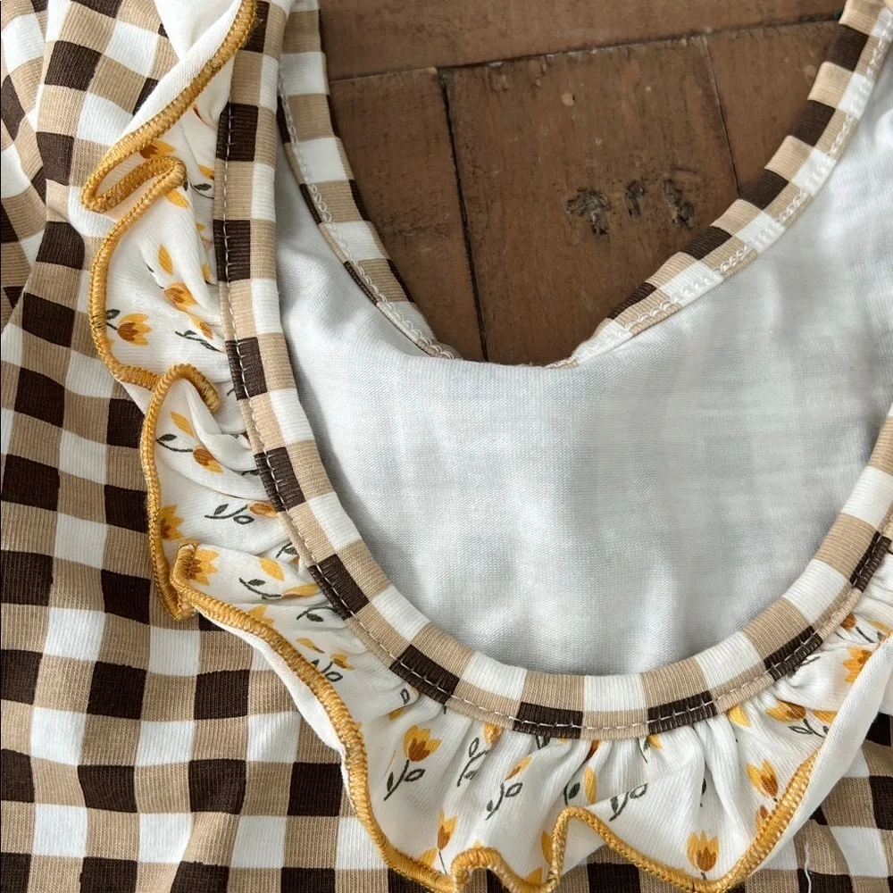Sweethoney Brown Checkered Long Sleeve ruffed Bodysuit leotard 4T